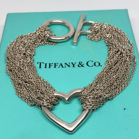 Tiffany Silver Heart Multi Strand Chain Mesh 7" Bracelet - Picture 1 of 8